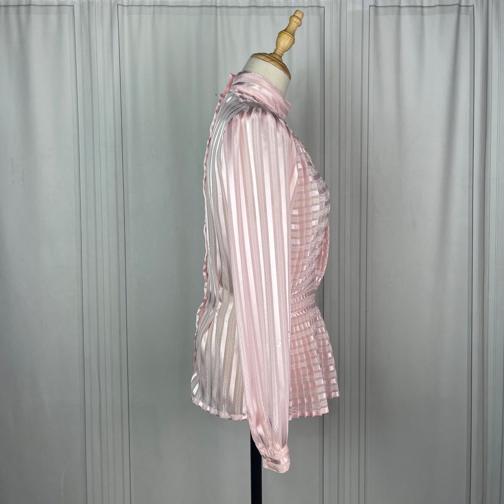 Vintage Nicola - Pink Striped Mock Neck Peplum Top Back Button Blouse - Size 4 - Picture 6 of 16